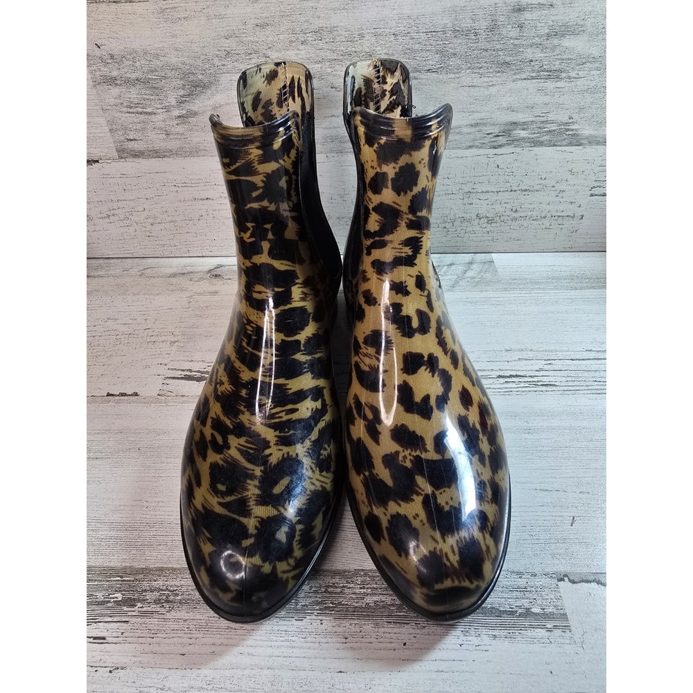 Academy Ltd Womens Leopard Print Chelsea Rain Boots Size 7 Tan Black‎ PVC Ankle